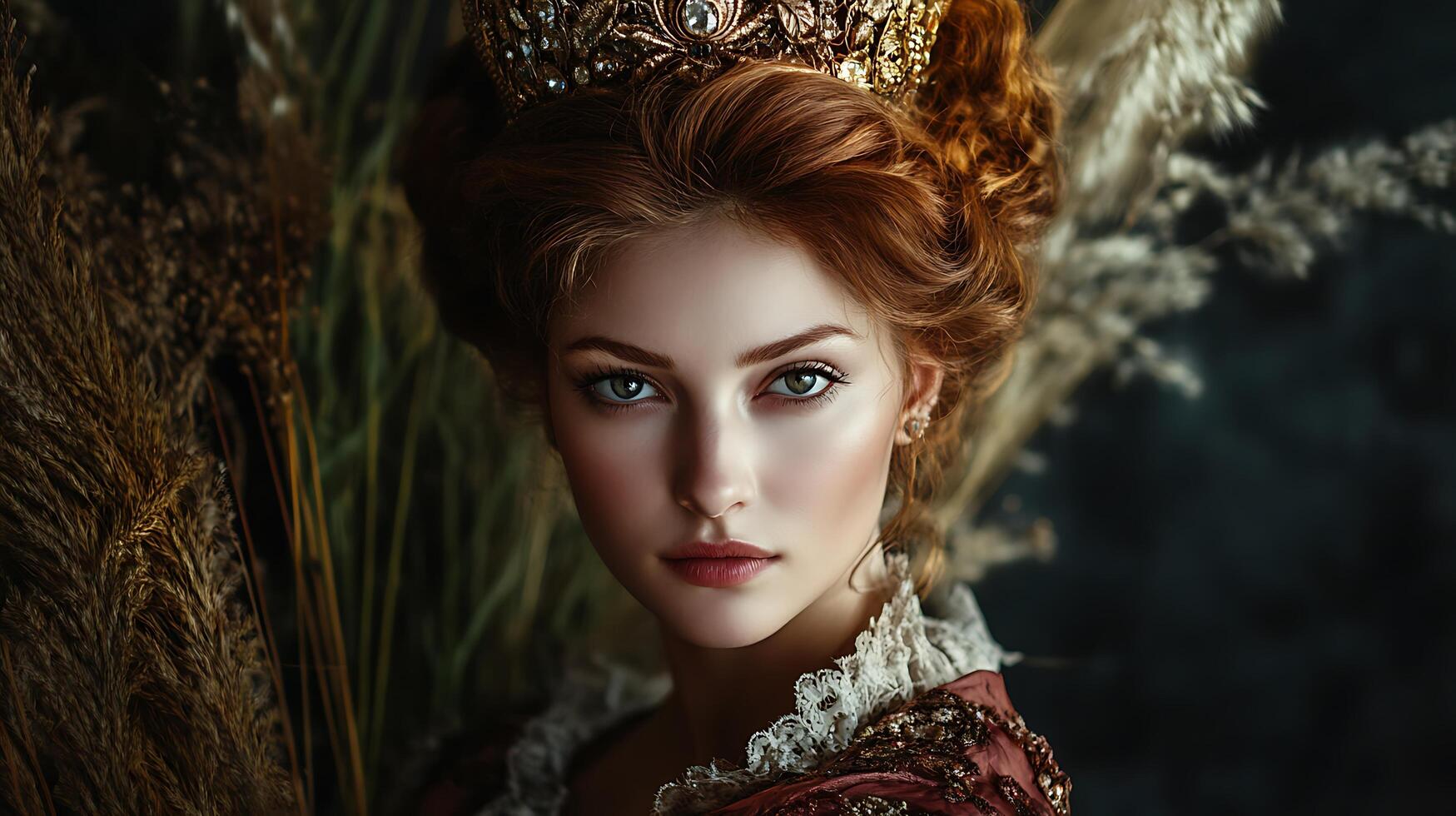 Regal portrait of a woman with red hair wearing a crown posing amongst rustic plants with an intense gaze against a dark backdrop photo