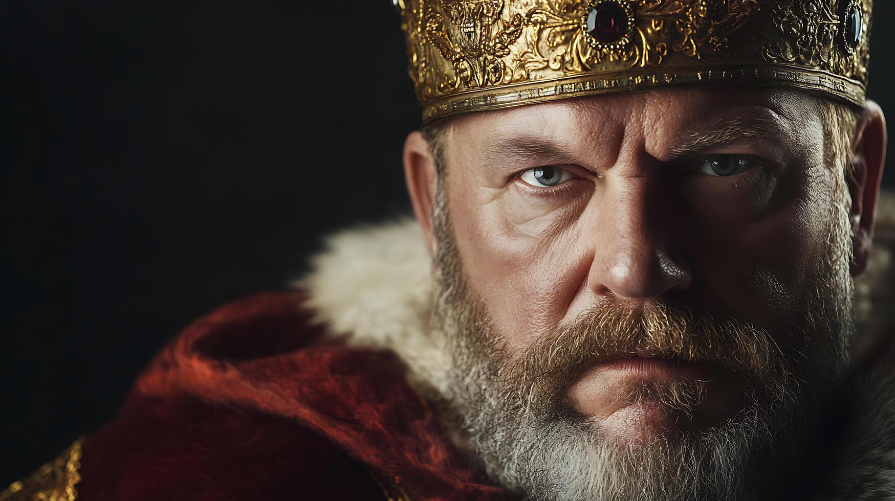 Imposing monarch with ornate crown and fur-lined robes radiating power and authority in a portrait capturing regality and stern determination photo