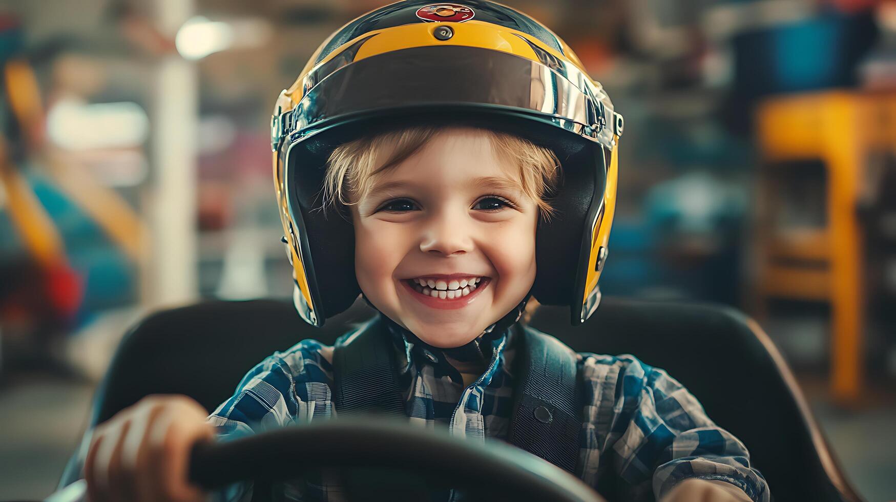 Joyful child in helmet smiles from go-kart seat ready to race into fun and adventure Excitement and happiness fill this moment photo