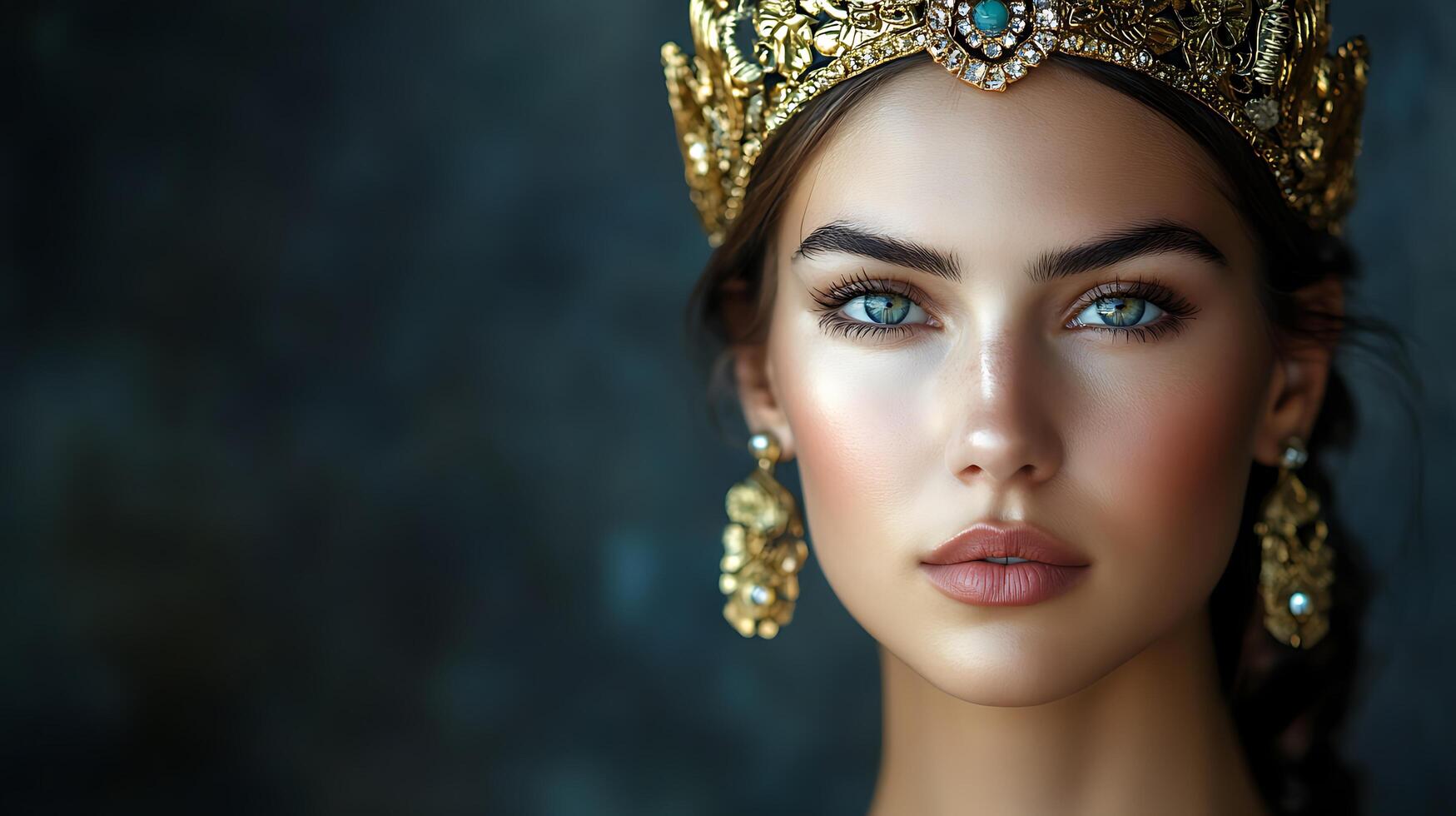 Elegant woman wearing a decorative golden crown and earrings against a blurred dark background exuding a sense of poise and sophistication photo