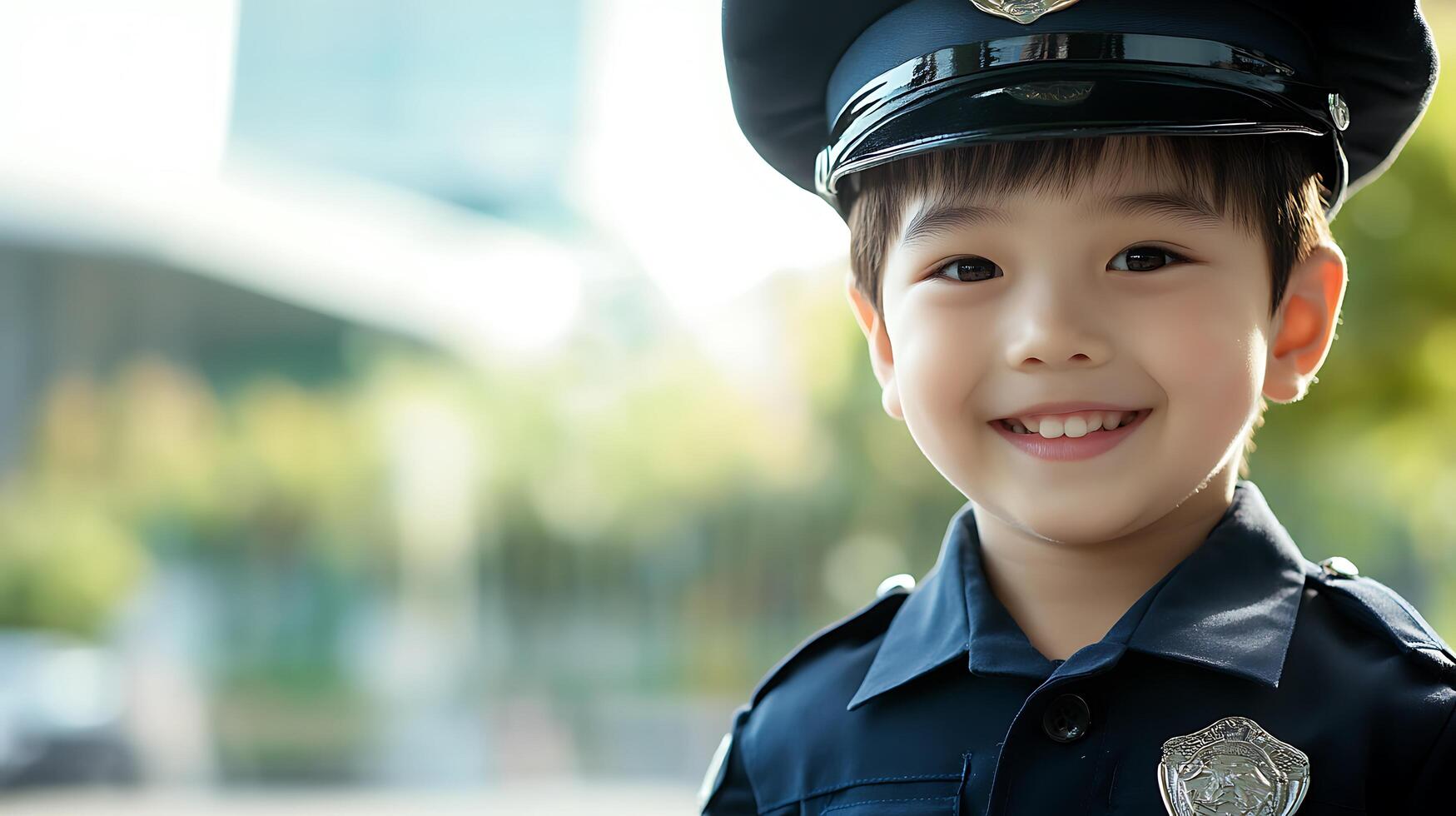 A young boy smiles dressed in a police uniform and hat He looks directly at the camera with bright happy eyes and a cute smile photo