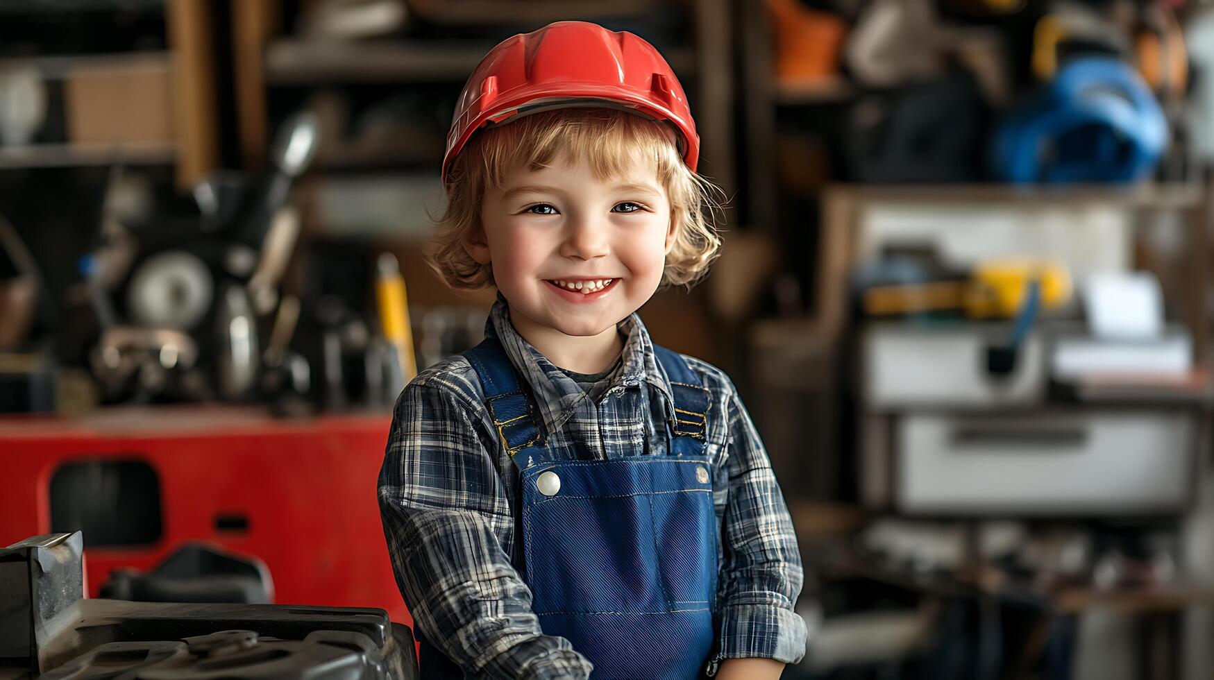Smiling toddler in red hard hat wearing blue overalls and a plaid shirt posing in a workshop with power tools visible in the background photo