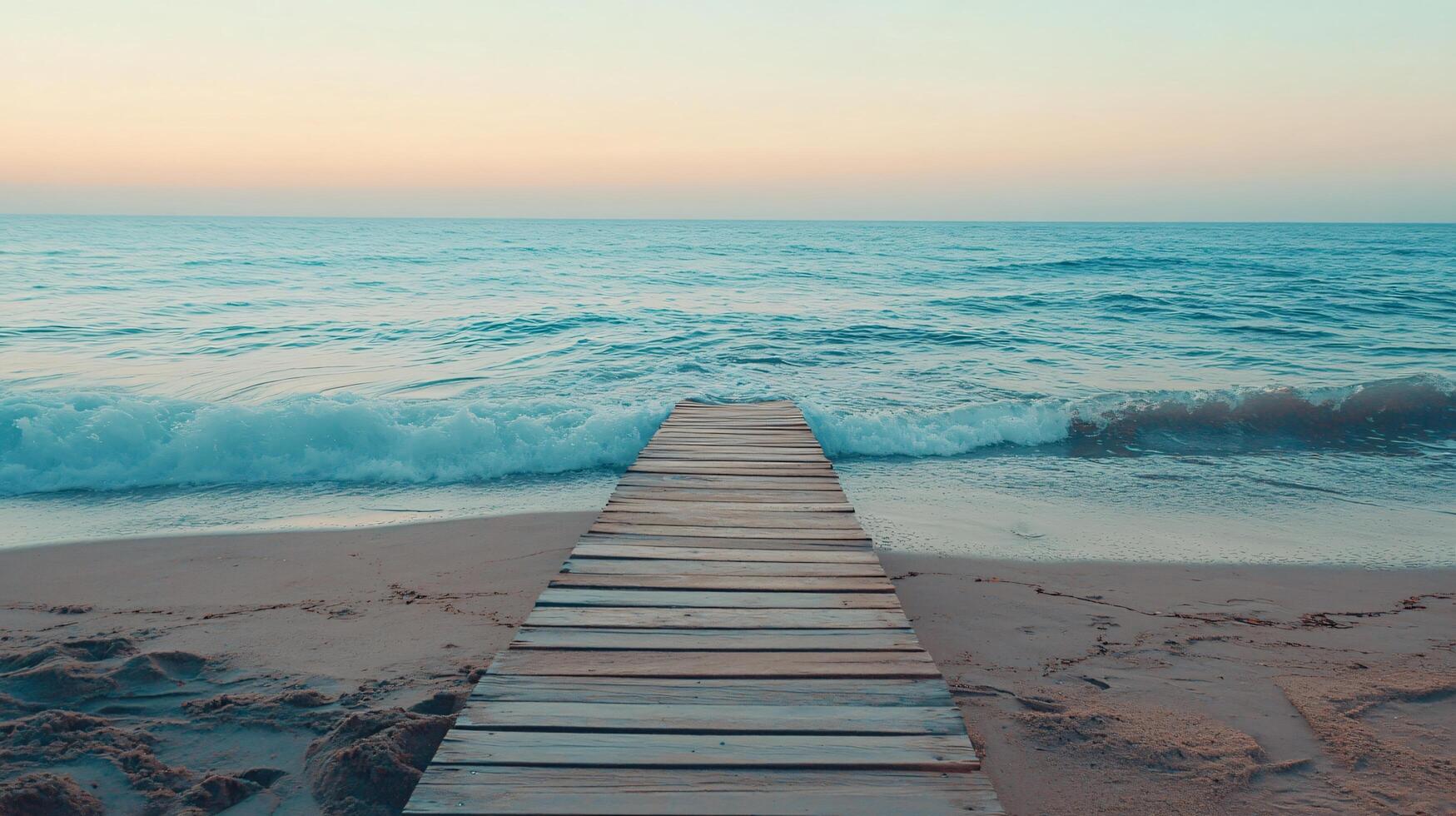 A wooden pier is on the beach next to the ocean photo