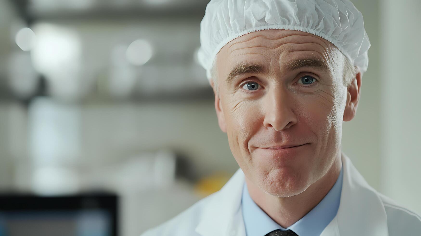 Smiling professional in lab coat and hairnet showcasing cleanliness and expertise in a sterile setting Perfect for healthcare visuals photo
