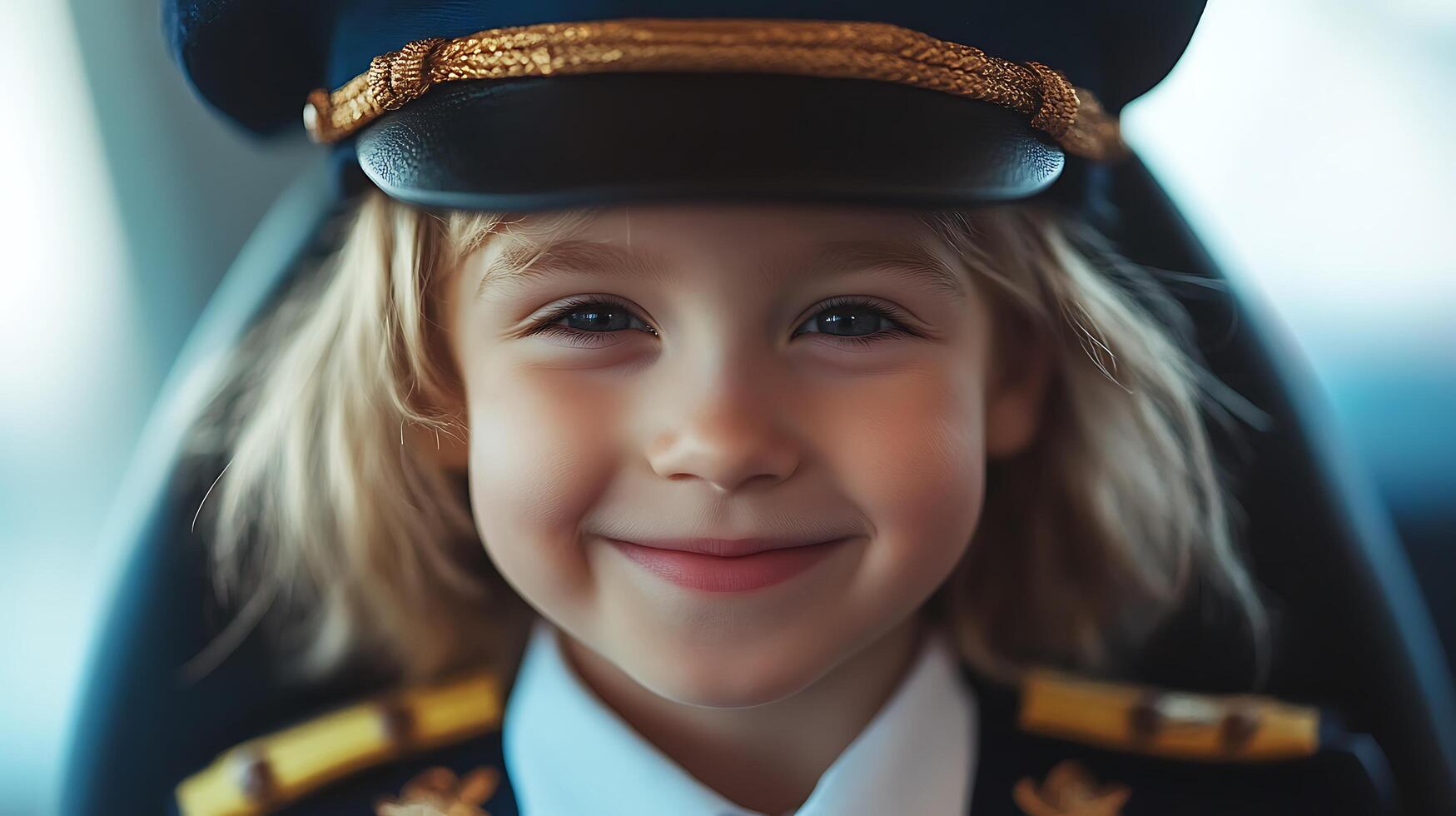 Smiling young girl in a pilot's uniform dreaming of flight and adventures among the clouds embodying the spirit of youthful aspiration photo