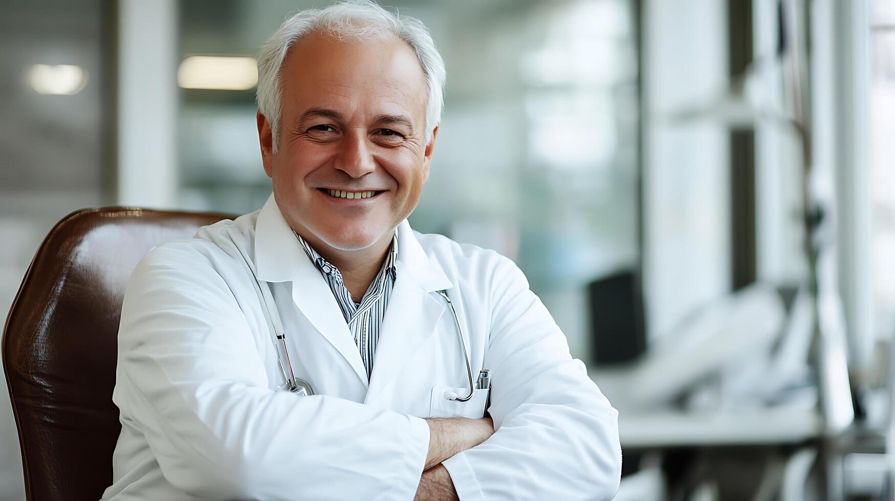 Friendly mature doctor with a stethoscope around his neck posing with crossed arms conveys trust and experience in healthcare photo