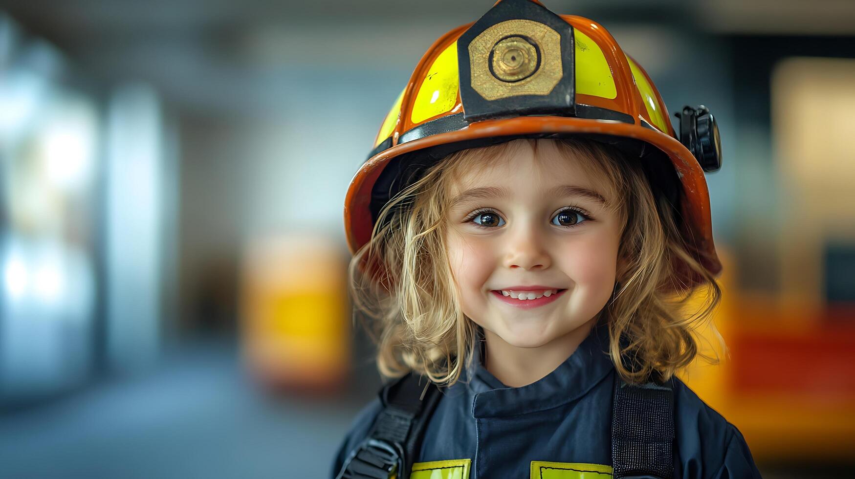 Young child dressed in a firefighter costume with a bright smile playing pretend in front of firehouse equipment photo