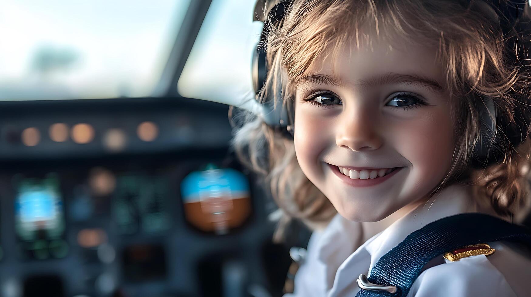 A child smiles wearing a pilot uniform inside an airplane cockpit A bright future for aviation photo