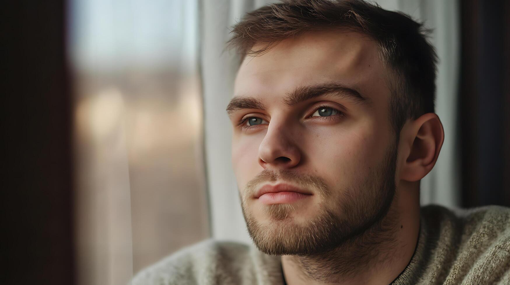 Pensive man by the window Contemplative hopeful and serene expression Lost in thought looking out Natural light illuminates his features photo