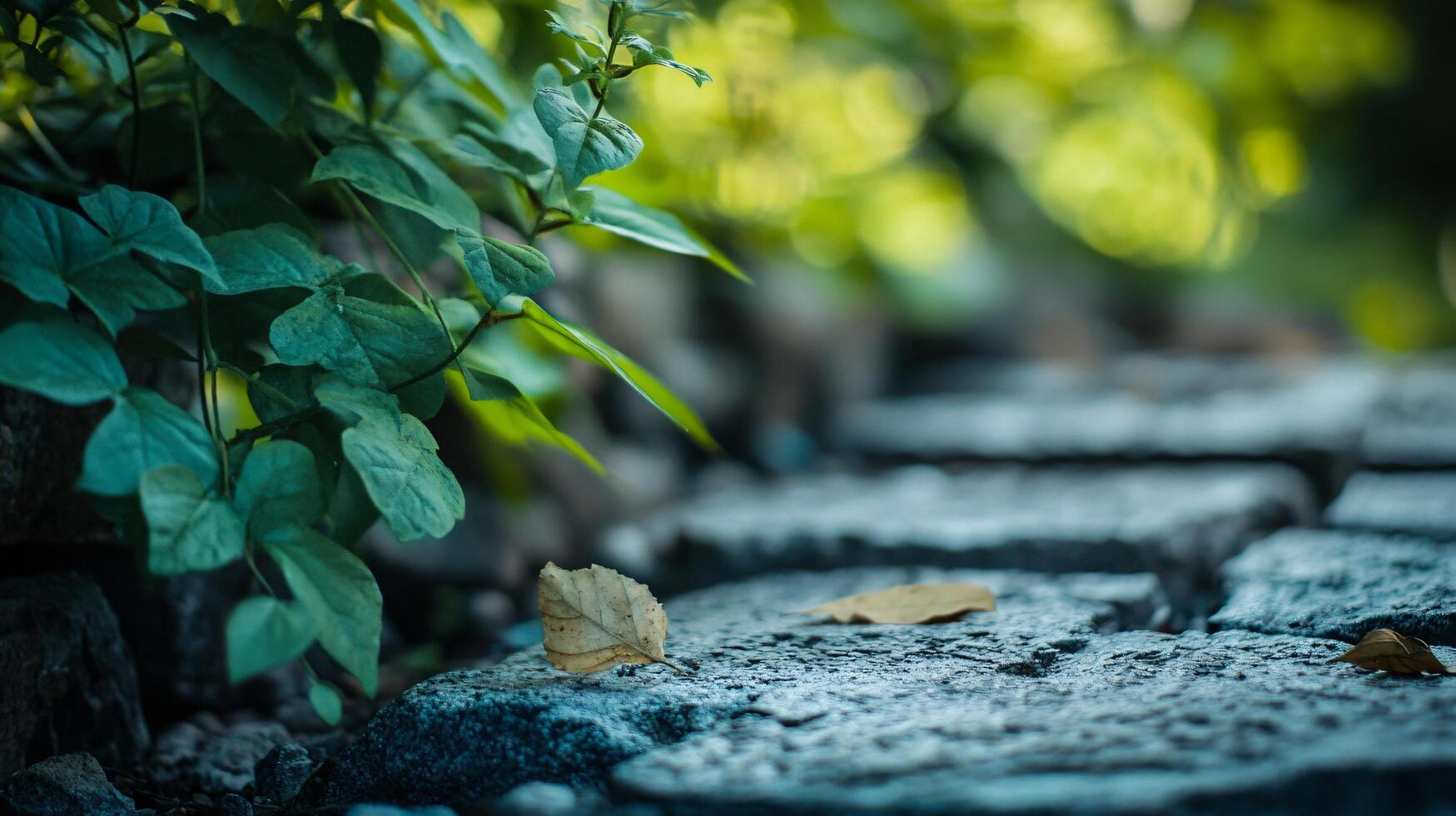 A leaf is on a rock, and the rock is on a path photo