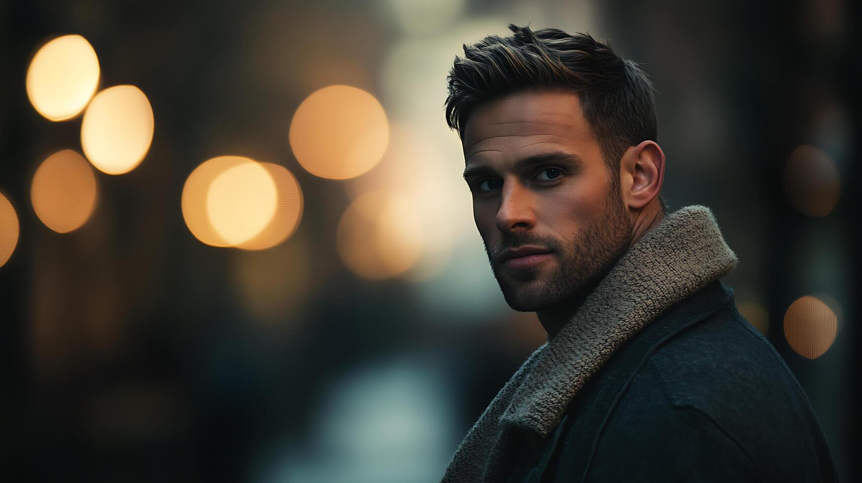 Man's gaze amidst city lights exudes confident charm capturing urban sophistication and style in a captivating portrait photo