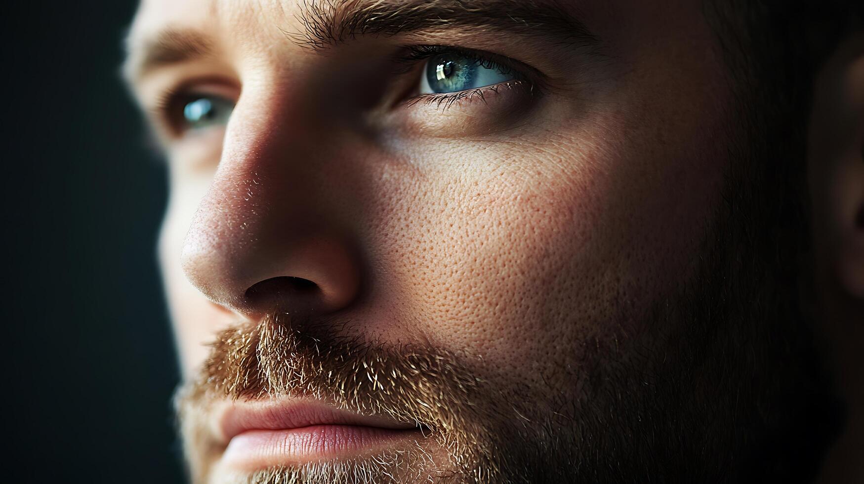 Striking close-up of a man's face with captivating blue eyes showcasing intricate skin details and a thoughtful expression photo