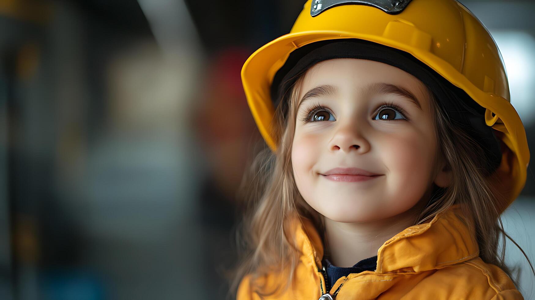 A young girl with a hard hat smiles and looks upwards with hope and wonder Childhood aspirations in safety equipment photo