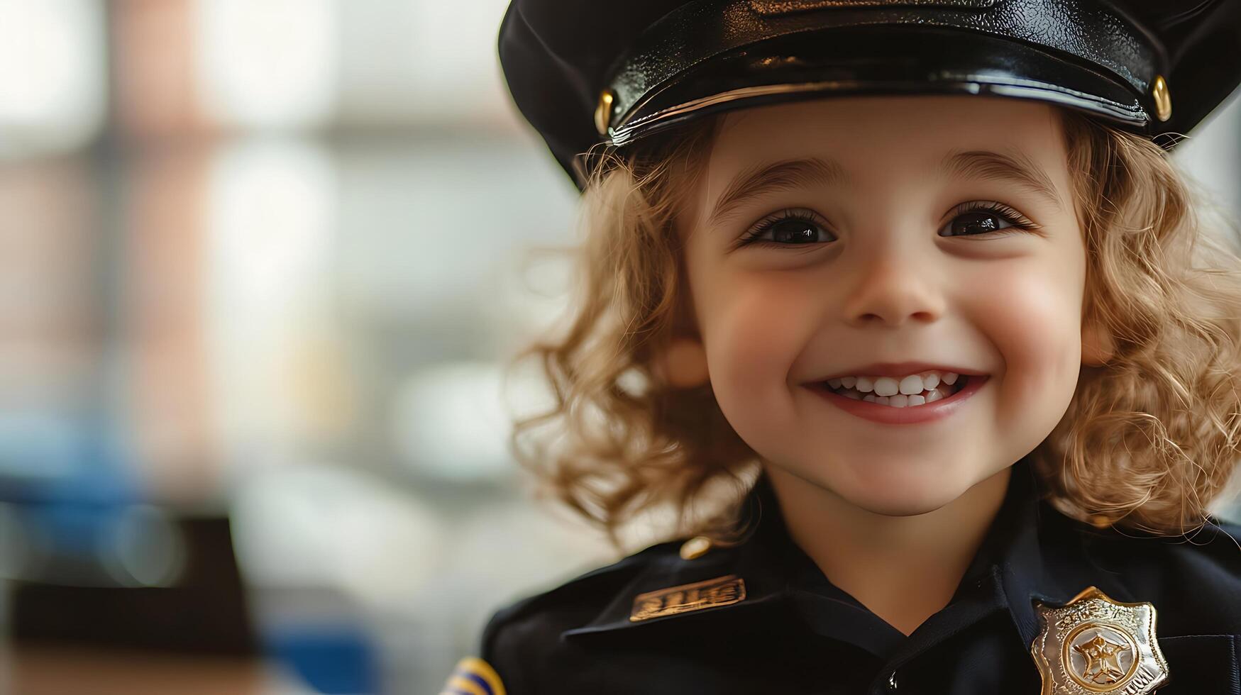 Little girl with a smile dressed in a police officer uniform with a police cap looks at the camera with a very cheerful expression photo