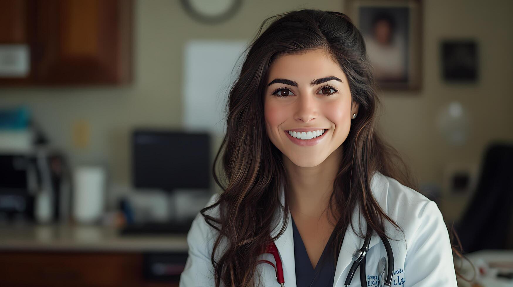 Smiling female doctor in her office She has long brown hair and wears a lab coat with stethoscope and medical credentials photo
