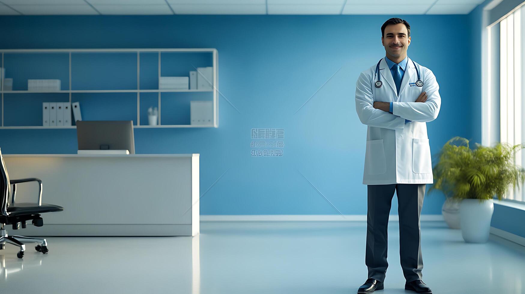 Confident doctor stands in a modern office with a calming blue color scheme and a plant projecting a professional welcoming image photo