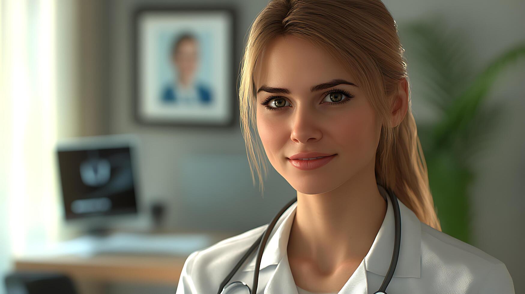 Female medical professional in white coat office setting stethoscope around neck ready to assist with healthcare needs photo