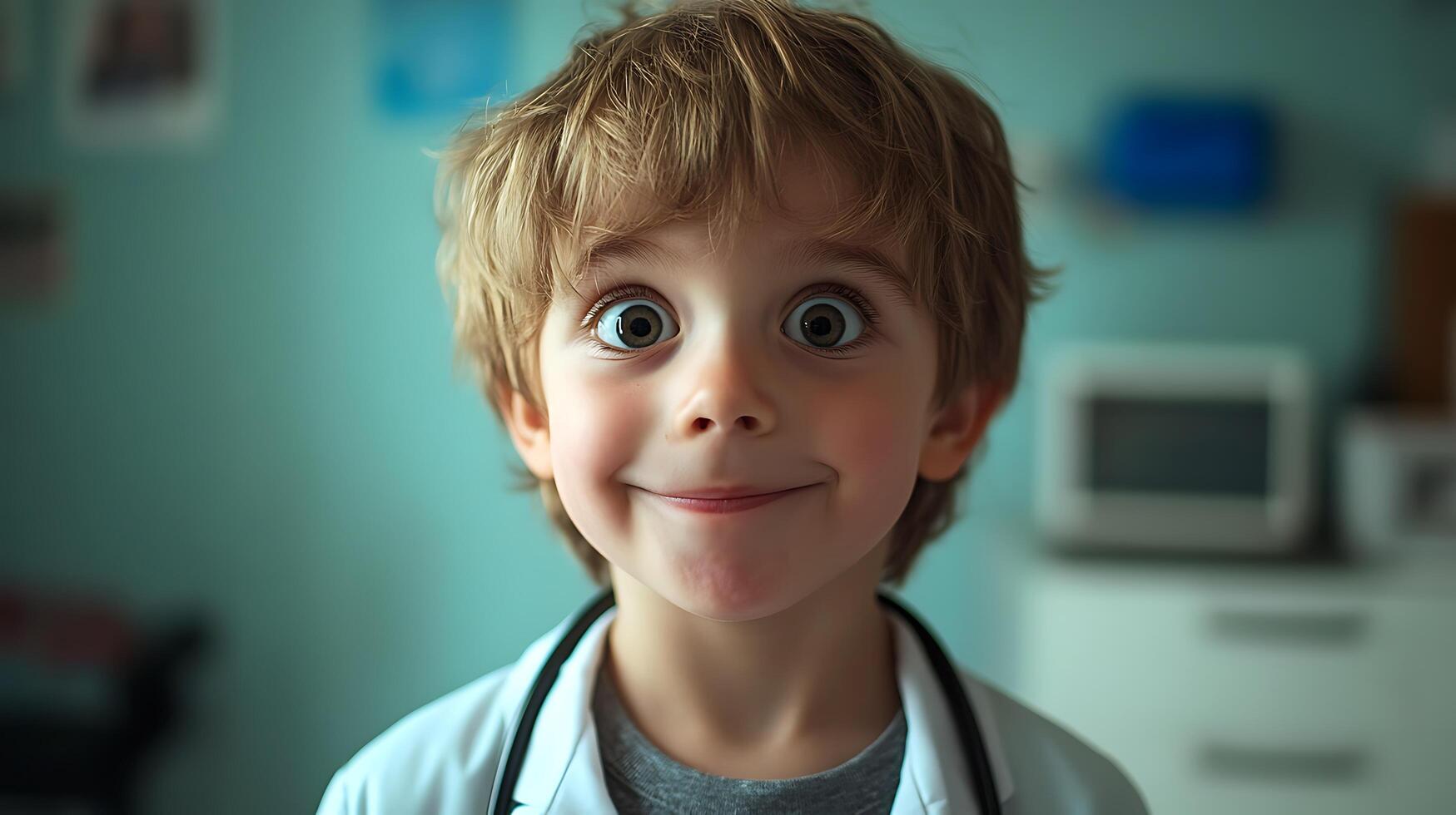 Adorable young boy with wide eyes playfully dressed as a doctor embodying childhood dreams and innocence radiating contagious joy photo