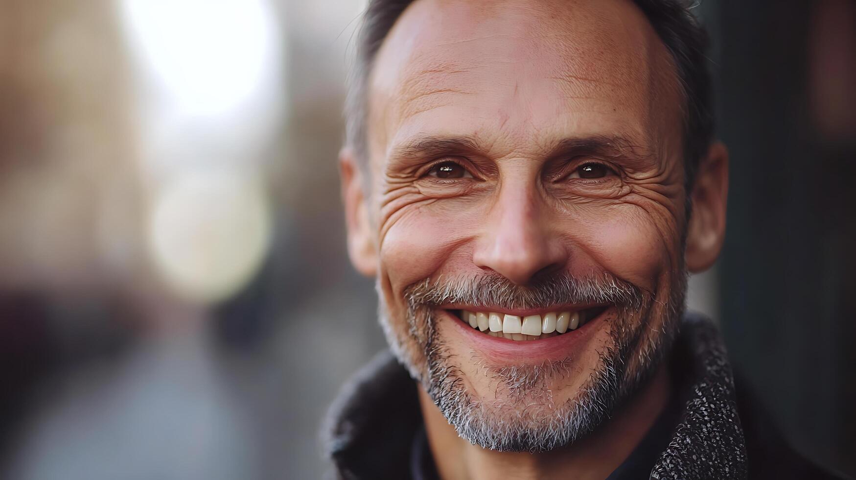 Happy smiling mature man with warm eyes natural skin texture An authentic portrait with bright teeth and gray beard photo