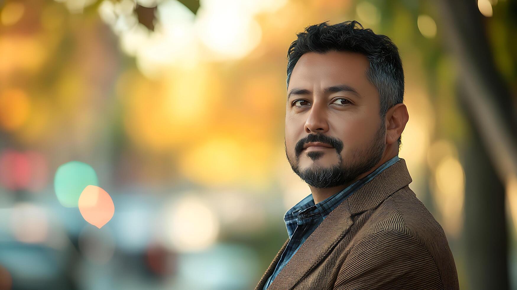 A handsome man gazes intently clad in a smart jacket and a blue shirt captured against a warmly blurred autumnal background photo