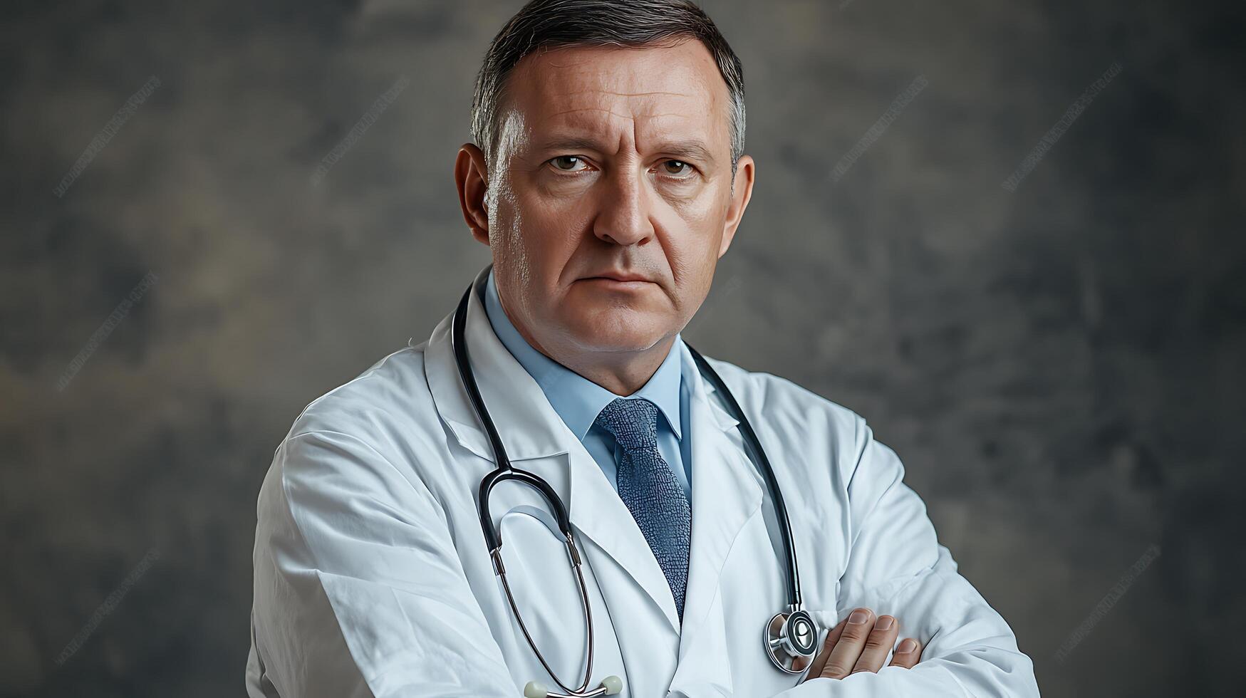 Confident doctor in lab coat with stethoscope arms crossed Professional healthcare provider ready to assist with medical expertise photo
