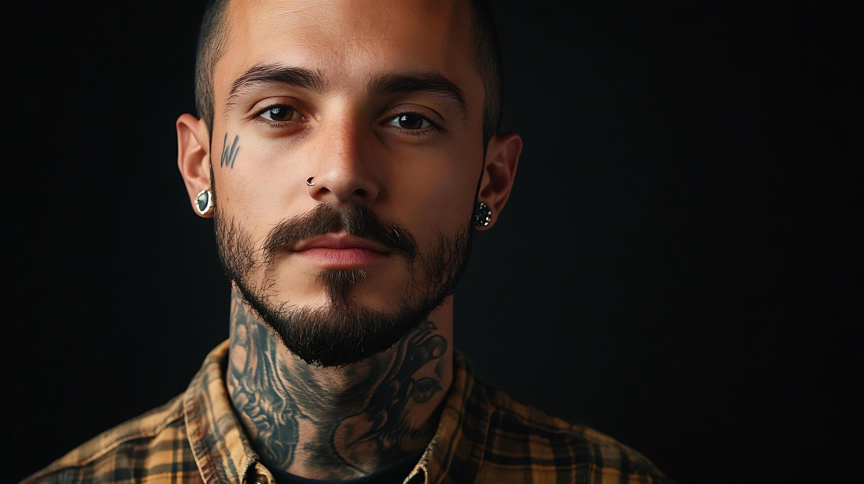 Intense portrait of a man with tattoos piercings and a stylish beard The dark backdrop intensifies the focus on his distinct features photo
