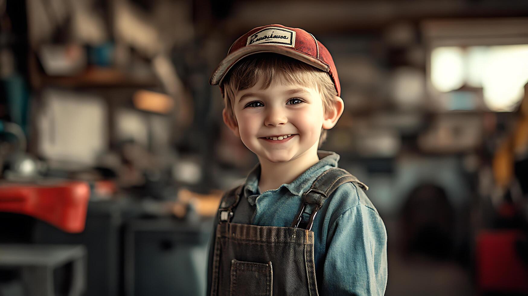 Young boy with overalls and hat stands smiling in a workshop looking ready to tackle any task with enthusiasm and a cheerful attitude photo