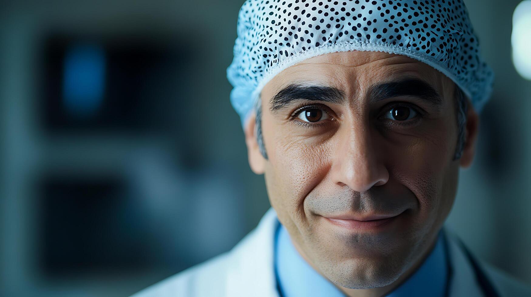 Close-up of a confident health worker with a surgical cap and white coat in a clinical environment expressing care and professionalism photo