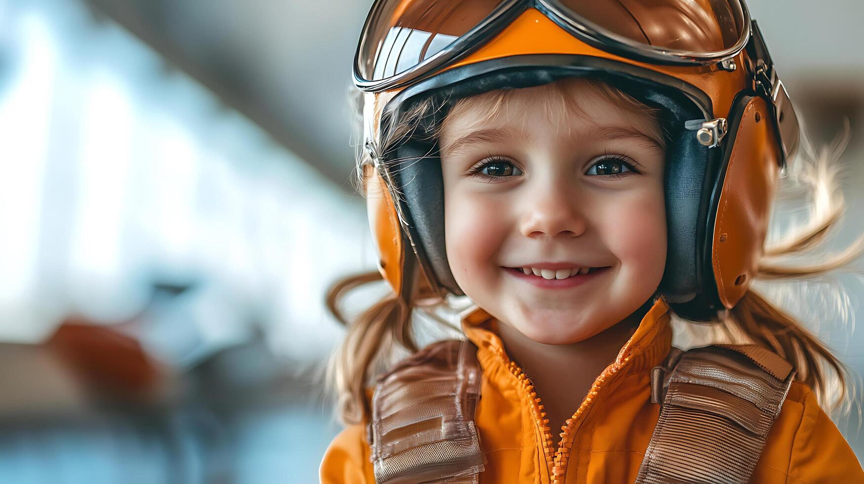 A bright young girl wearing an aviator helmet and suit She is full of dreams and smiles ready for a grand adventure in the sky photo