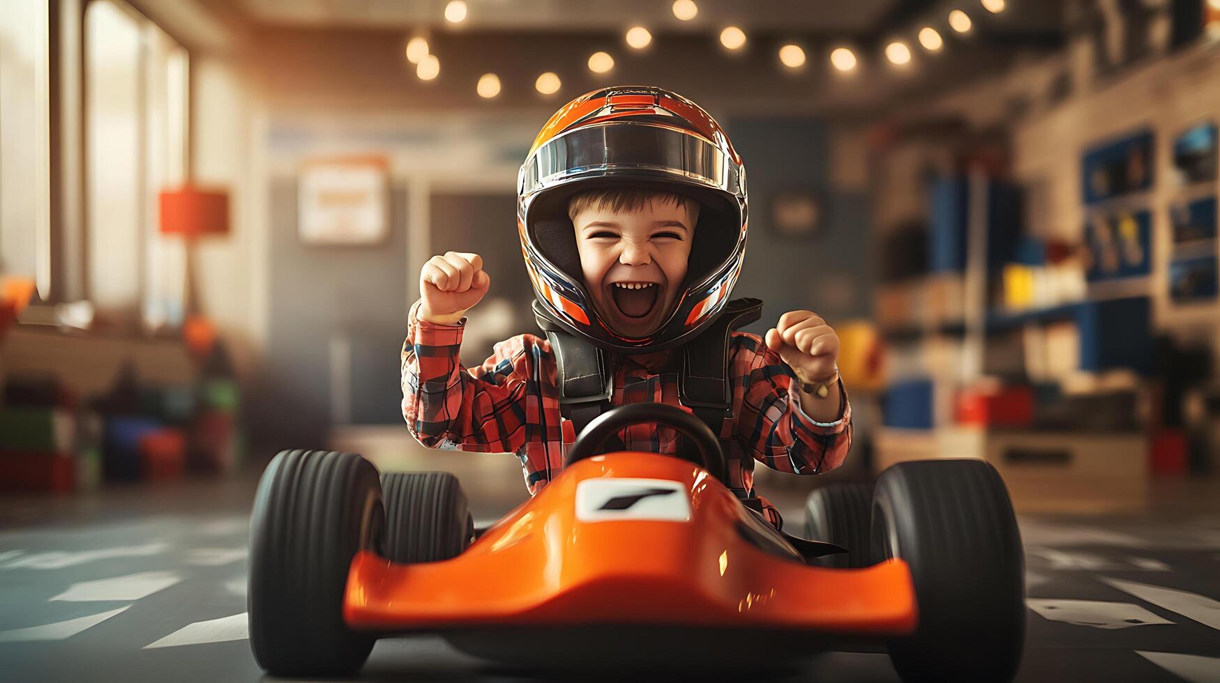 Excited child in helmet riding a go-kart arms raised in celebration joyfully embracing the thrill of racing indoor setting with cheerful expression photo