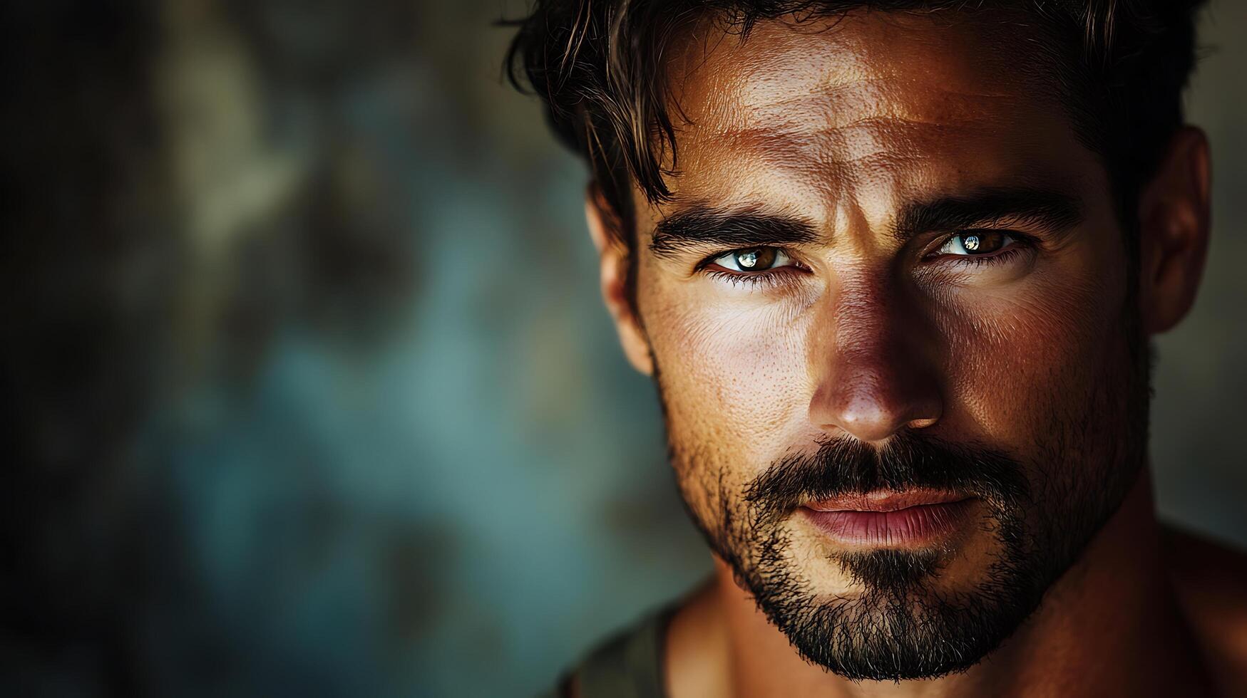 Intense gaze of a handsome man with rugged features dark hair and a well-groomed beard Captivating portrait with striking detail photo