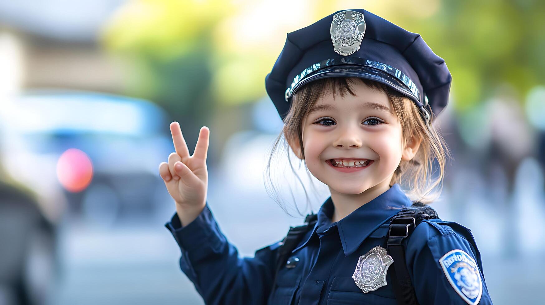 A young smiling child dressed in a realistic-looking police officer costume holding up a peace sign with a cheerful grin on their face photo