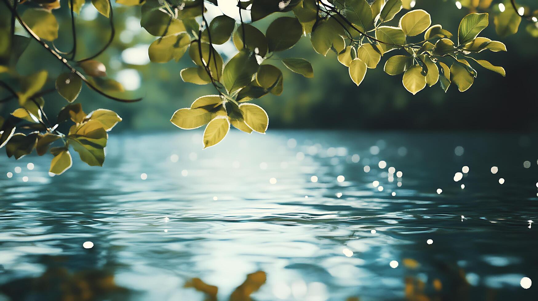 Sunlight dancing on calm water through tree leaves A serene nature scene reflecting light and tranquility with glistening water photo