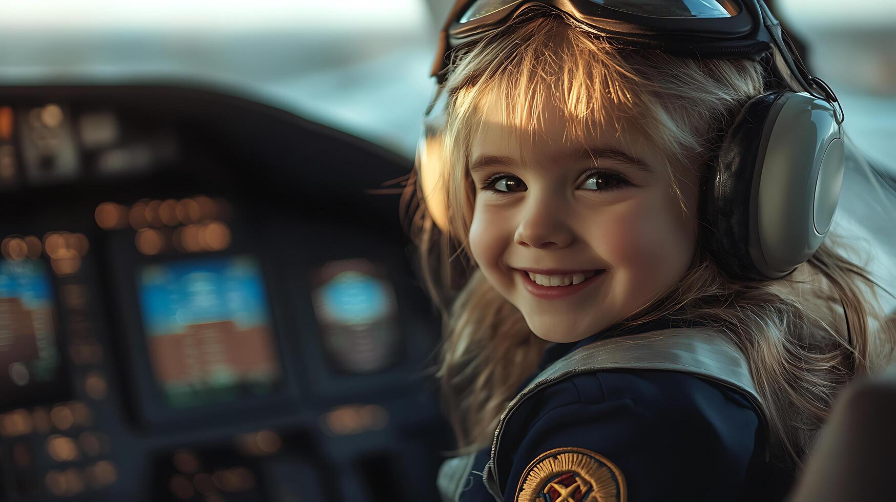 Young pilot with bright smile wearing headset and goggles in cockpit Dreams taking flight with hopeful eyes and future aspirations photo