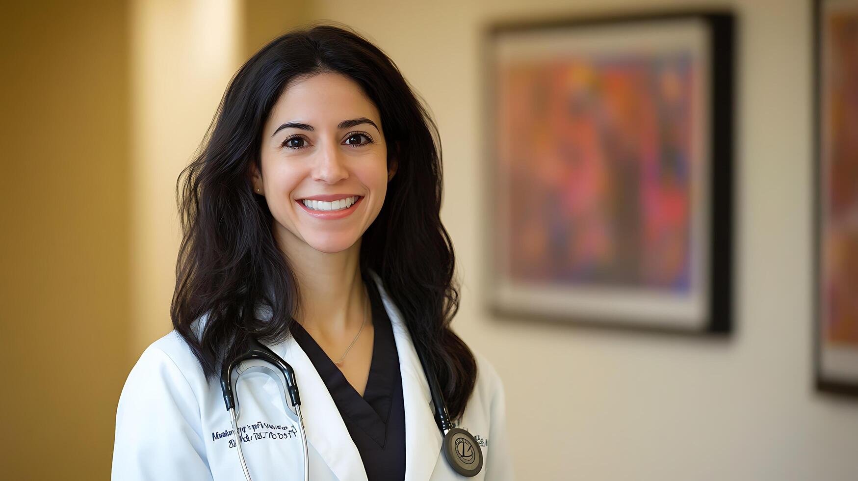Portrait of a smiling physician with a stethoscope exuding confidence and warmth in a professional environment with abstract art photo