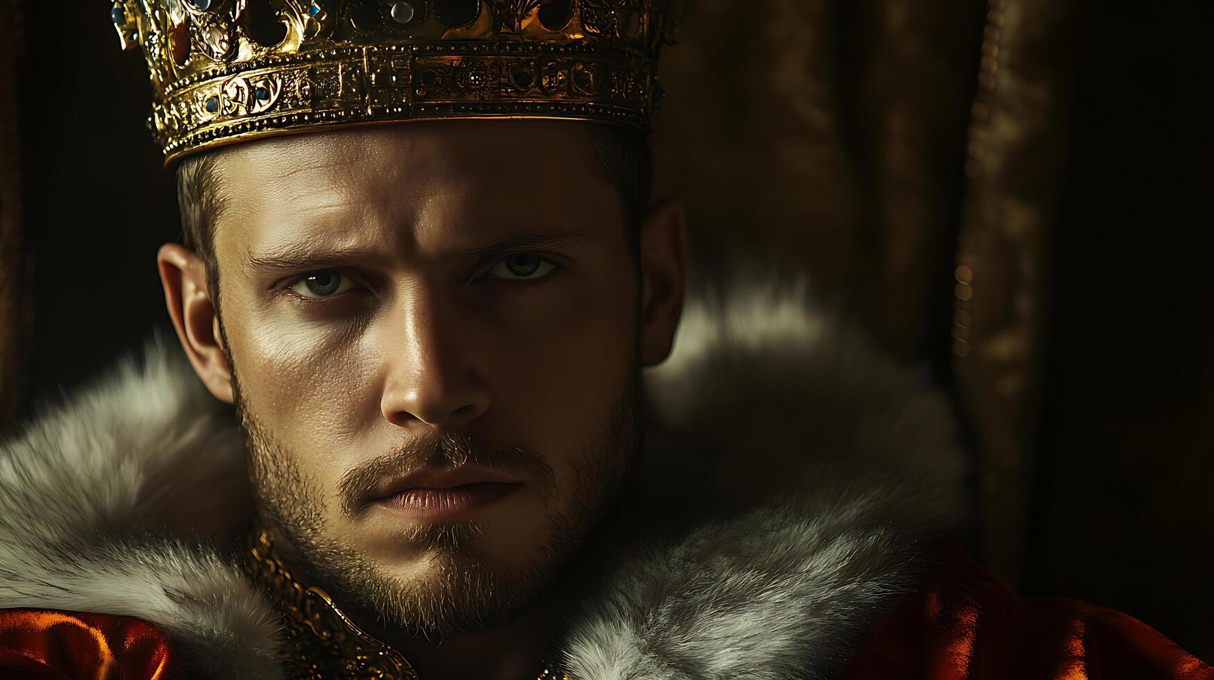 A king looking at the camera Dressed in a royal robe with a crown he exudes an air of dominance and confidence Power is palpable photo