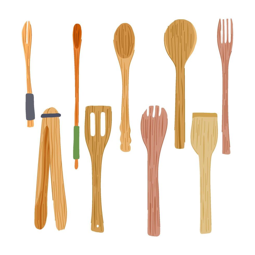 bamboo utensils set cartoon wood vector