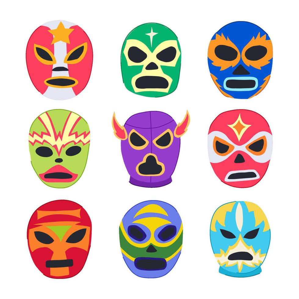 mexican luchador mask set cartoon illustration vector