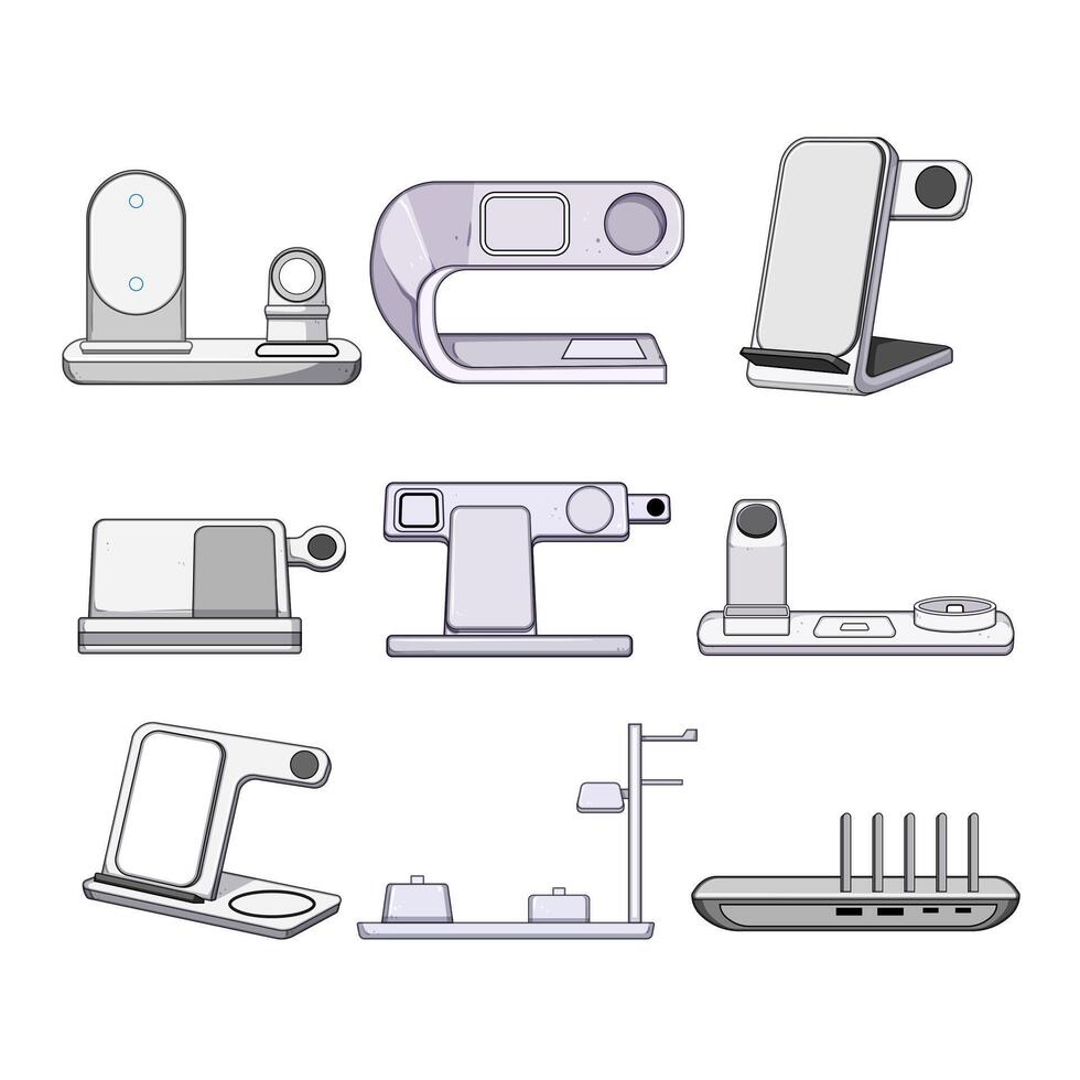 multi device charging station item set cartoon illustration vector
