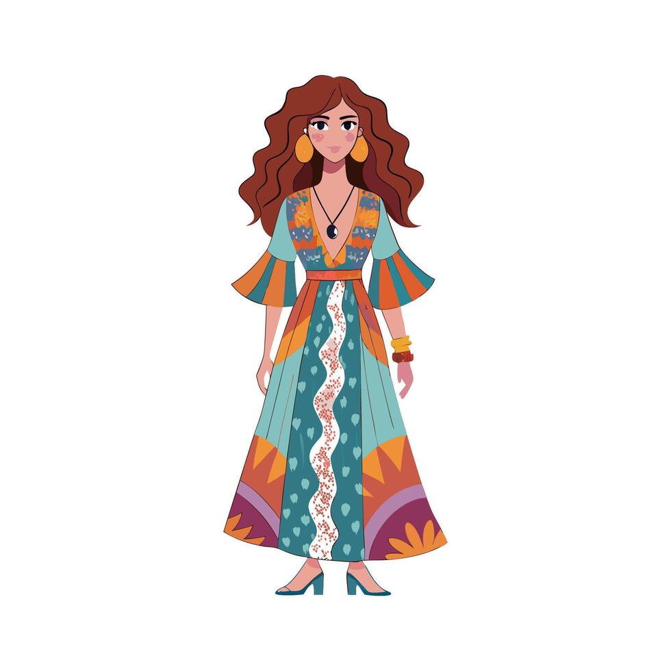 Maxi Dress Bohemian Fashion Model for Illustrations vector