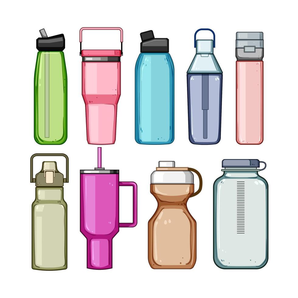 water bottle reusable set cartoon illustration vector