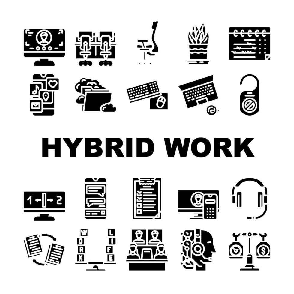 hybrid work model remote. icons set vector