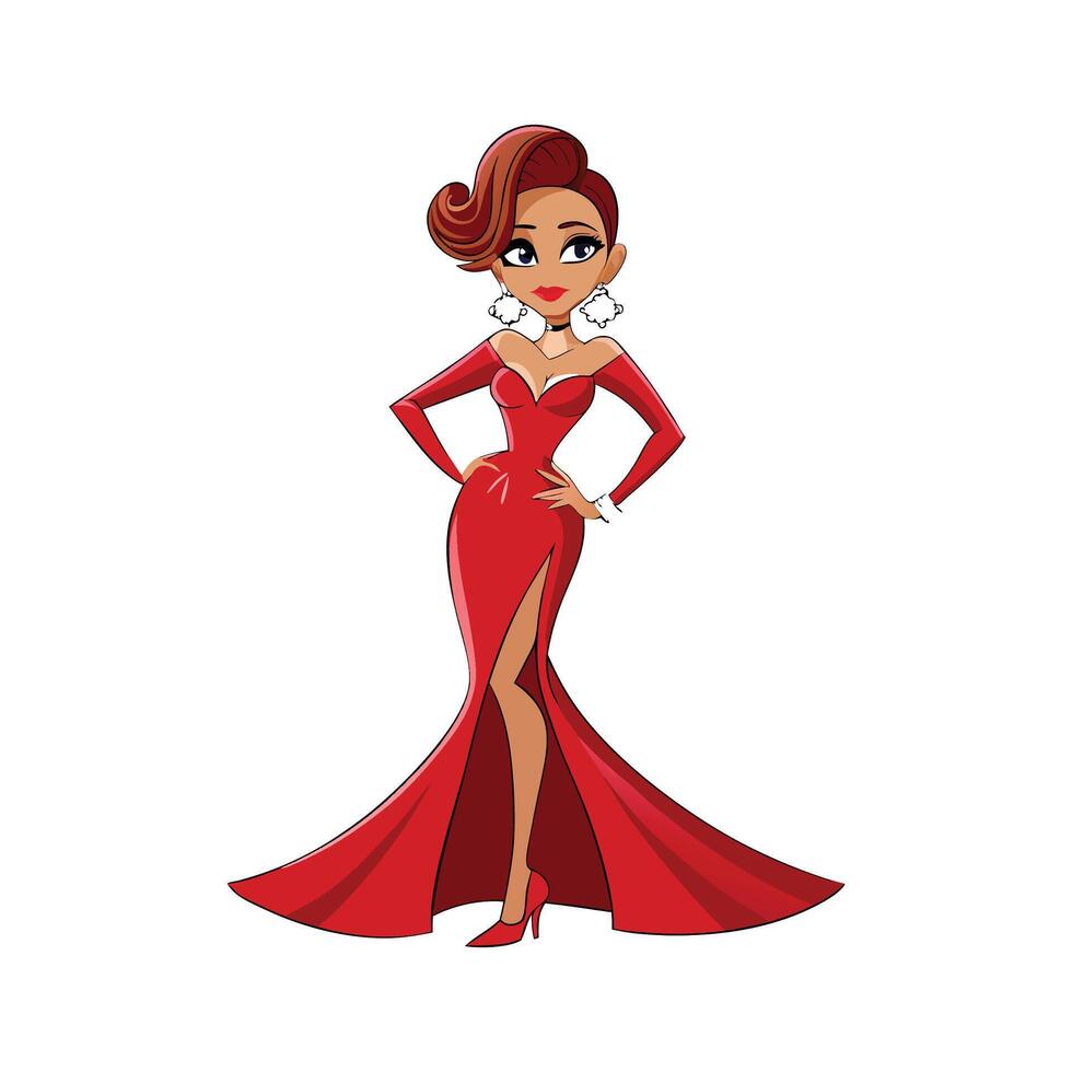 Elegant Glamorous Red Evening Gown Fashion Model vector