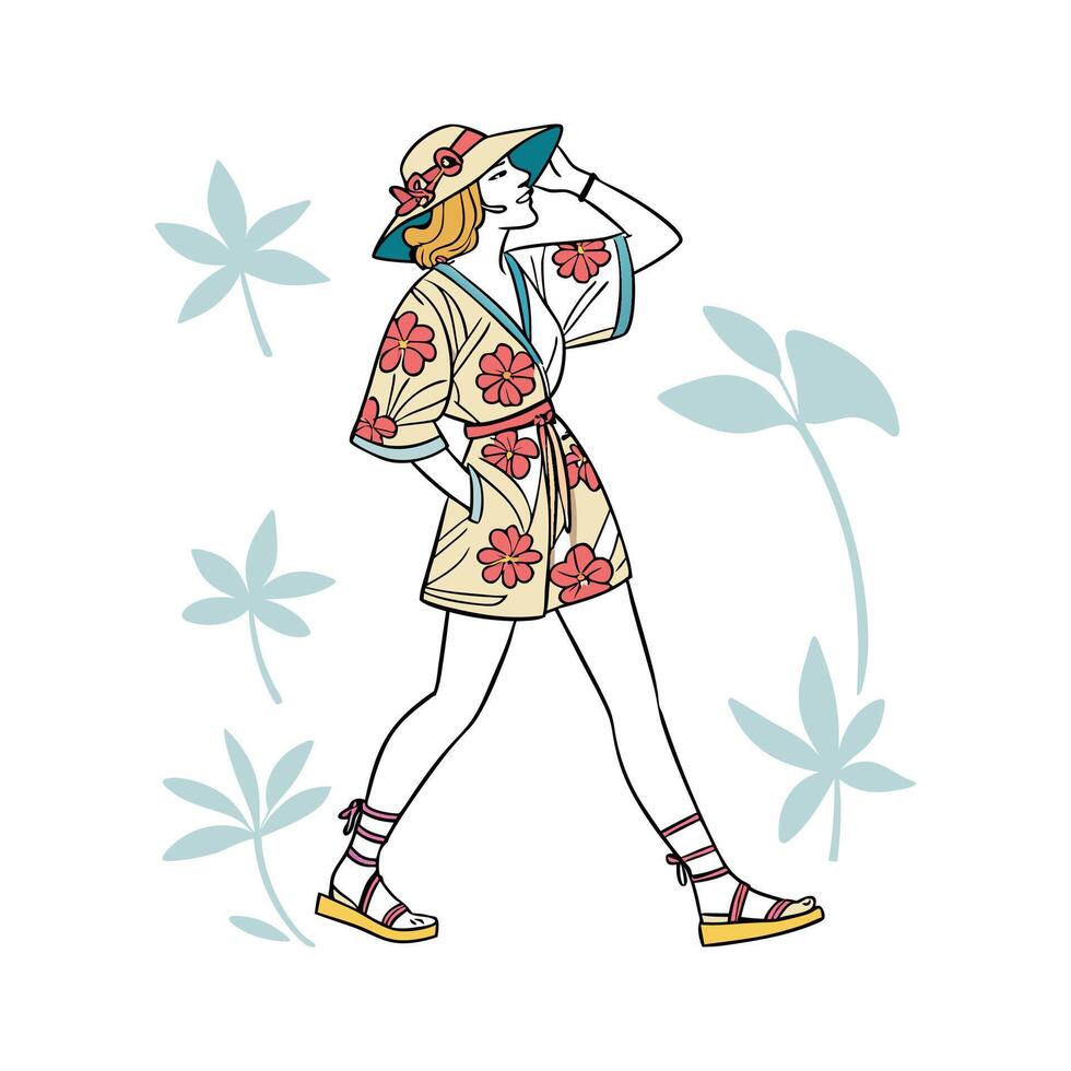 Stylish Floral Romper for Boho Fashion Models. vector