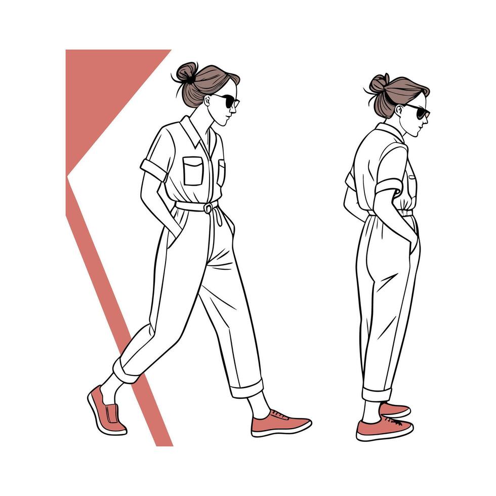 Stylish Casual Jumpsuit Fashion Model. vector