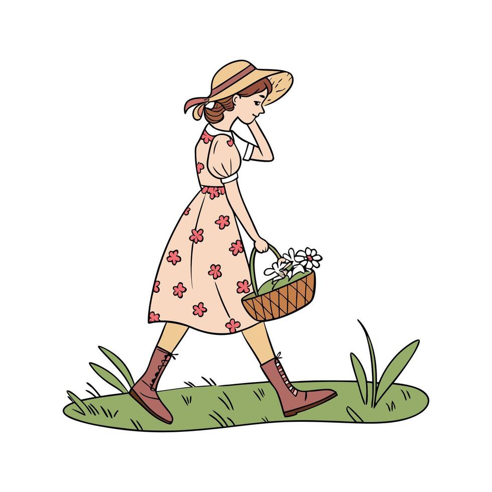 Stylish Cottagecore Fashion Model Illustration 3. vector