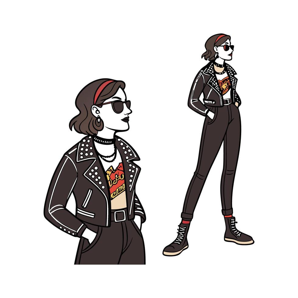 Trendy Edgy Rocker Leather Pants Model. vector