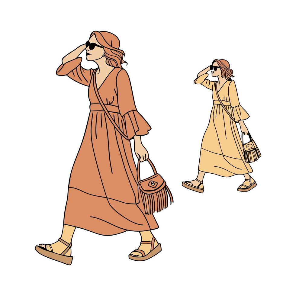 Stylish Effortless Boho Maxi Dress Model. vector