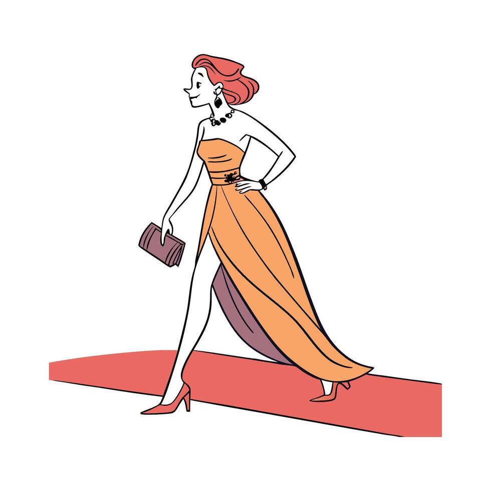Chic Strapless Evening Gown Fashion Model. vector