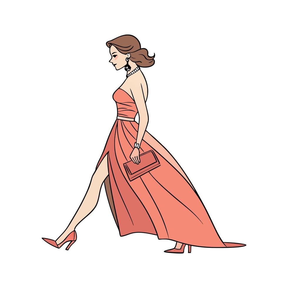 Lovely Strapless Evening Gown Fashion Model. vector